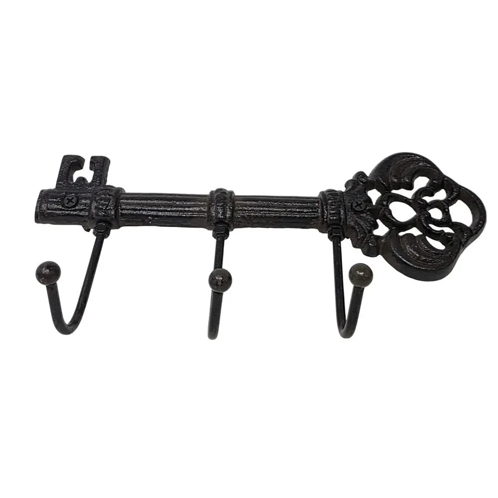 Cast Iron Skeleton Key Wall Hook Rack 3 Hooks Rustic Entryway Decor